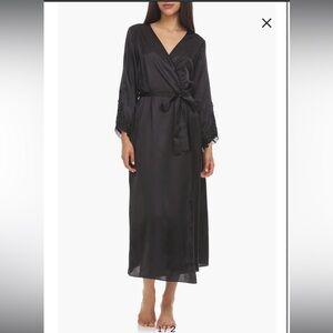 Stella Belted Lace Trim Satin Robe - Black -Size L/XL
